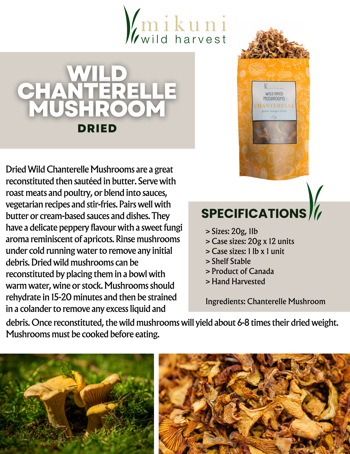 Dried Wild Chanterelle Mushrooms, 20 g
