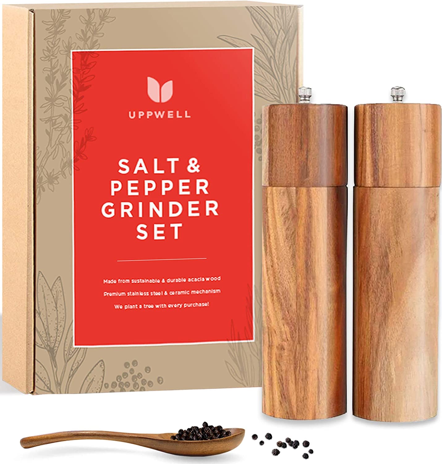 Salt And Pepper Grinder Set, Acacia Wood Adjustable Coarseness