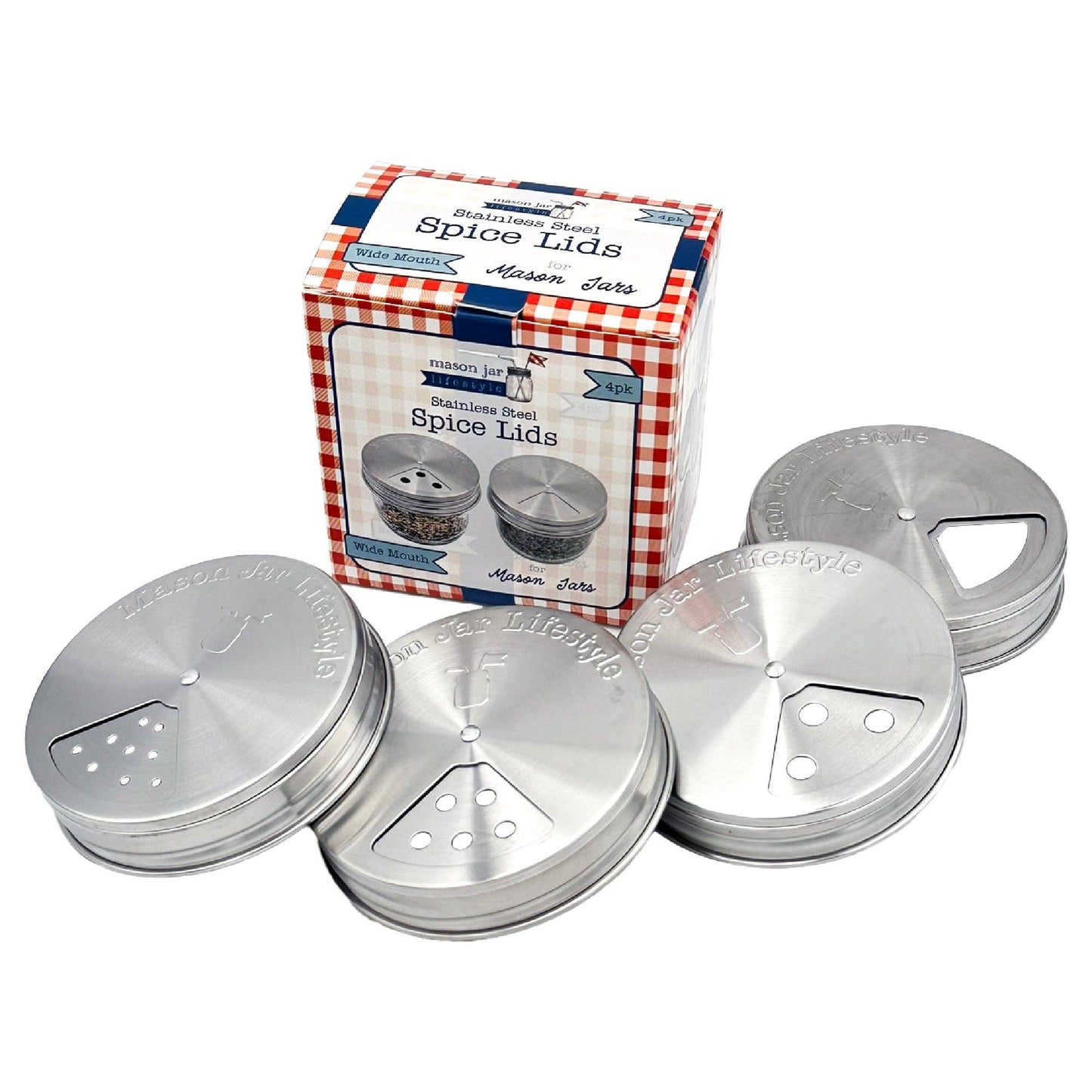 4 Pack Stainless Steel Spice Lids: Wide Mouth